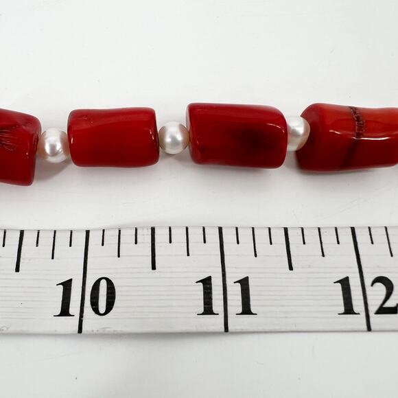 Red Coral Genuine Pearl Necklace Silver Clasp 18 inch Chunky Statement Tropical - Picture 11 of 11